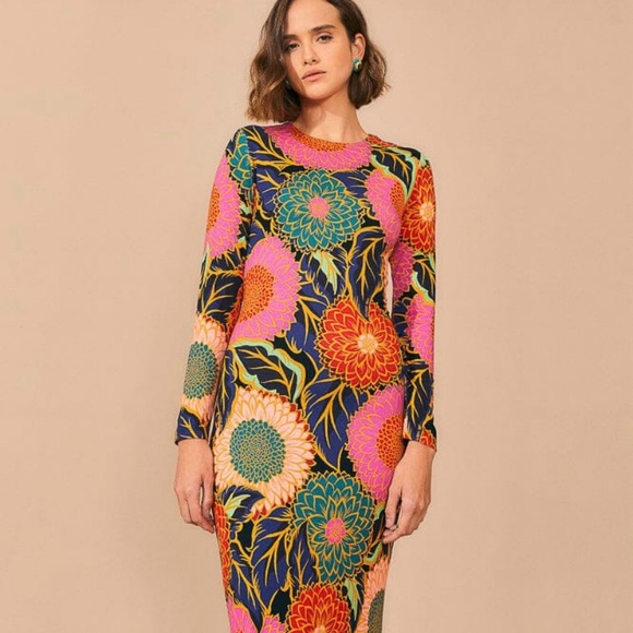 Farm Rio Black Vintage Garden Long Sleeve Midi-Dress (Size XL/NWT) - Picture 3 of 11